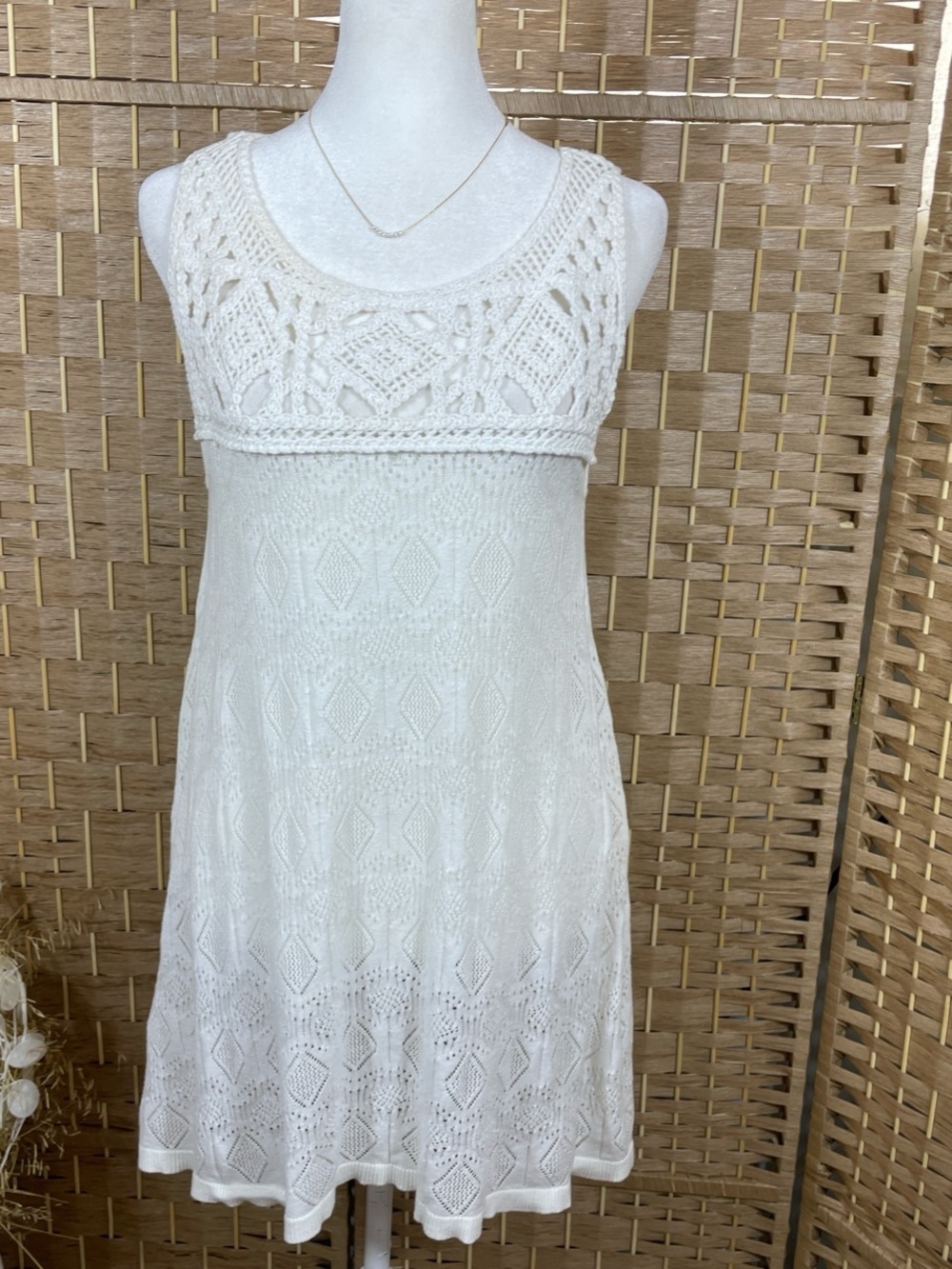 Cream Knit Crochet Ruby Rd.  Sleeveless Boho Dress Size Small